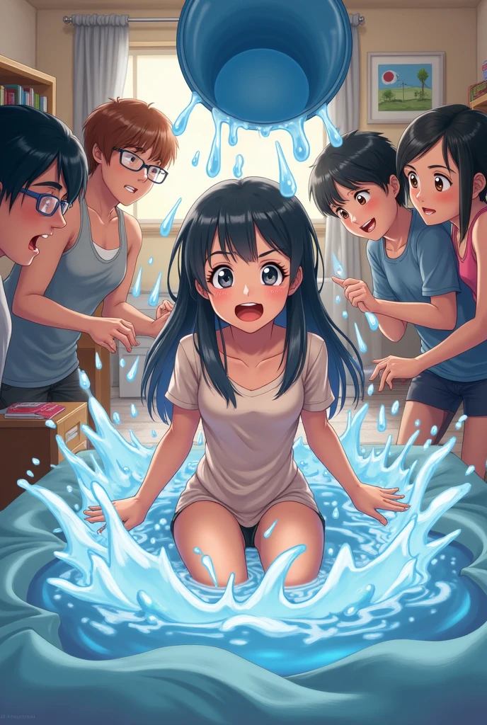 "Create an image of a group of students in a room, throwing a bucket of water at a girl to wake her from a dream. The girl is startled and sitting up, with water splashing over her. The room should look like a typical dormitory or a bedroom with a bed and some personal belongings around."