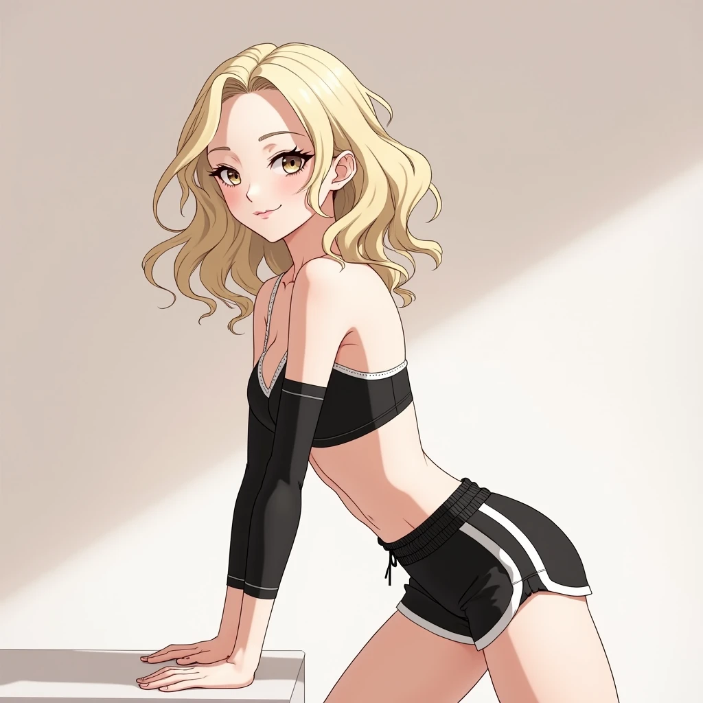 Make a Caucasian femboy with wavy blond hair wearing sports shorts and no top