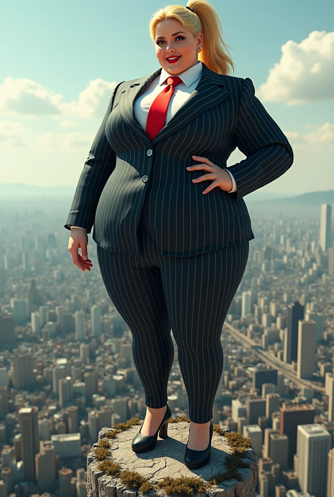 (photorealism:1.2), young , beautiful bbw schoolgirl a massive curvy blonde ponytail red lips wearing a perfect dark pinstripe suit with a thick bright tie large collar large breasts. Platform high heels , standing, giantess art, highly detailed giantess shots, giantess, most detailed, perfect face, Two legs, Five fingers, short hair, A high school girl who is bigger than a skyscraper, standing on very small city, skyscarpers at their feet, skyscrapers small, smile, huge breasts, major metropolis, numerous Destroying cities, Under heavy attack, A very small big city, Miniature metropolis, Full body description, GTS, giga giantess, gigagts, stomping city, crash city, tiny city, micro city, , High resolution, highest quality, masterpiece,  view looking down from a plane. 