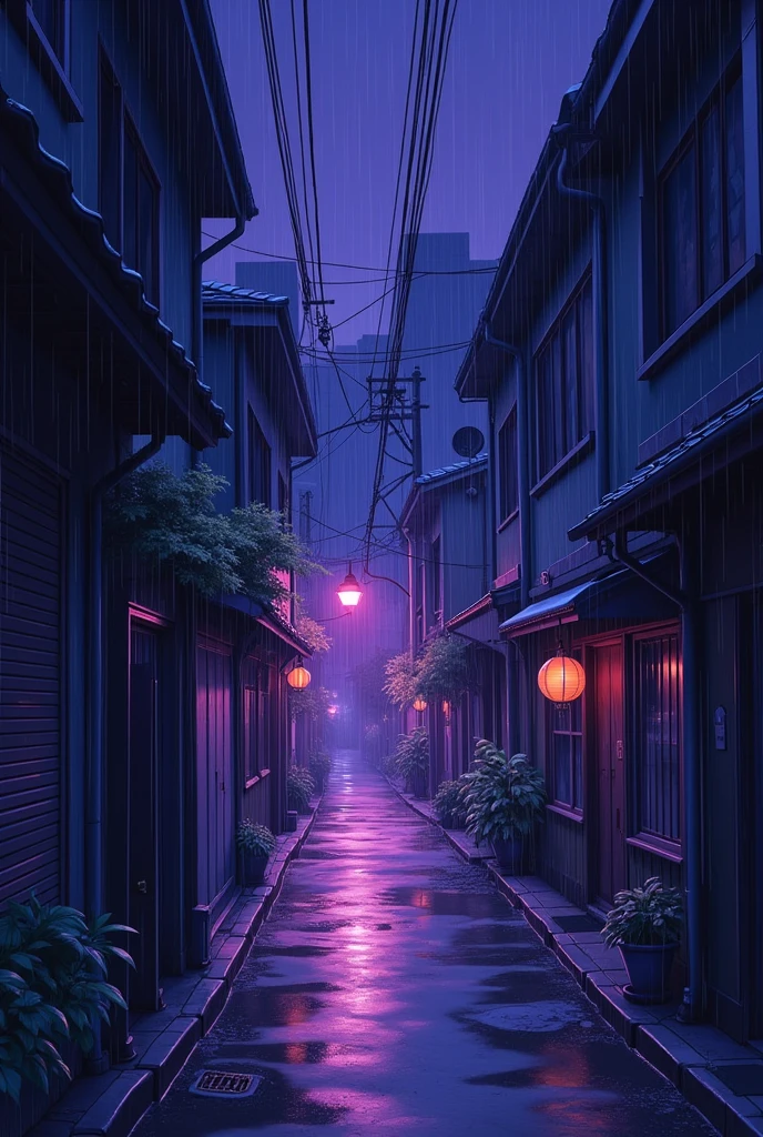 Cityscape at night, 1990s anime style with the noticable outlines of the drawings, with hues of purple, very cozy, in an alley while raining heavily , looks like a hand drawn anime with no people, take inspiration from Golden Boy,