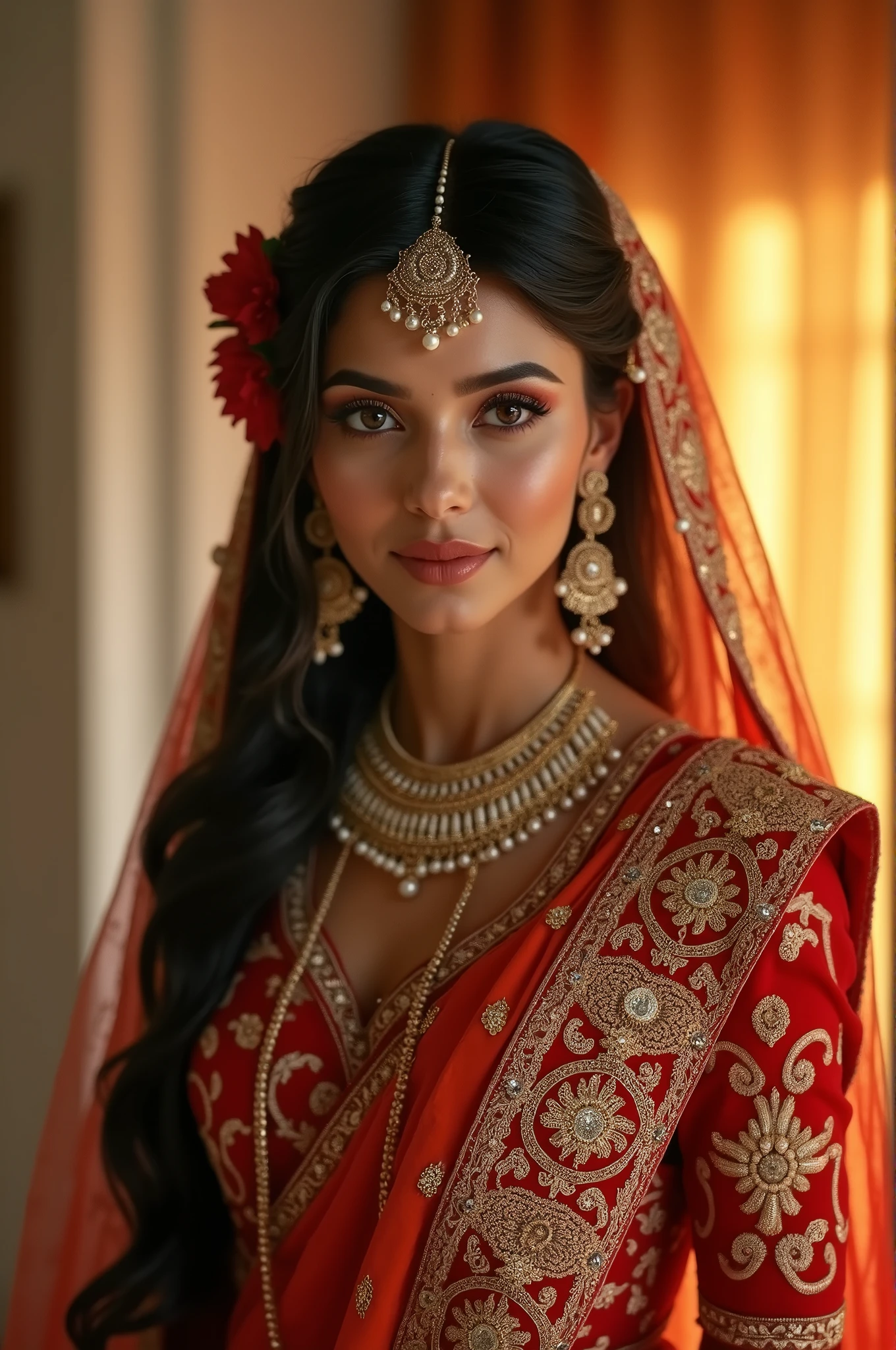 A beautiful lady wearing a Indian wedding dress 