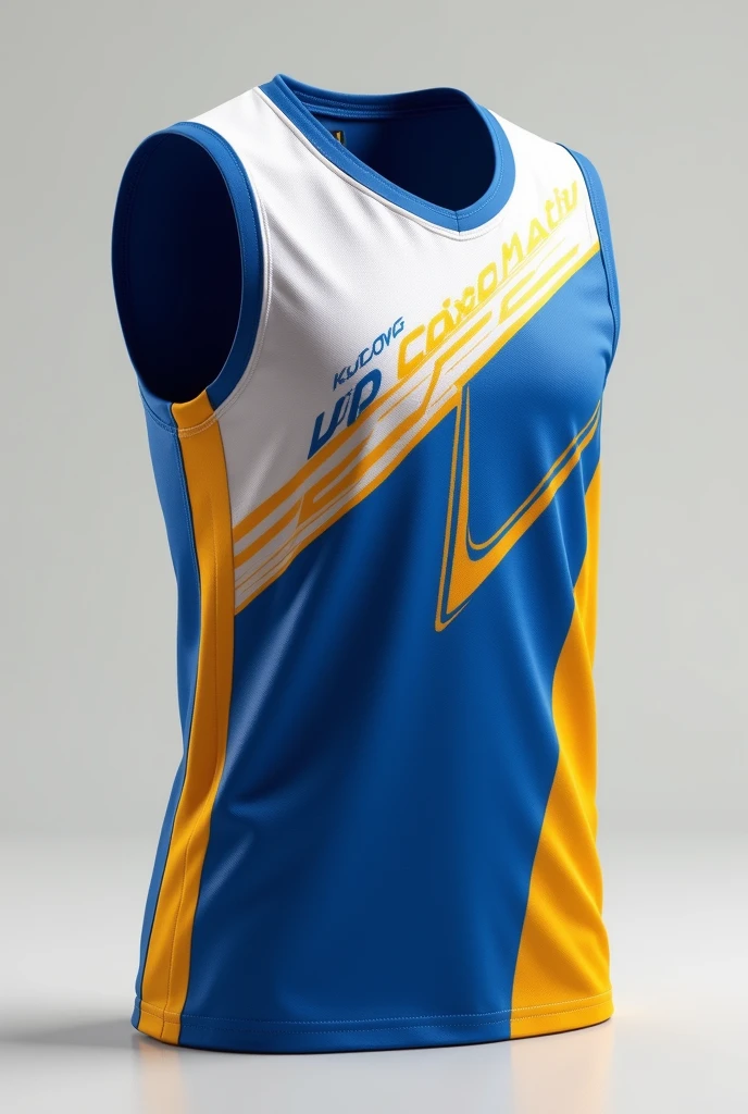 Create a basketball jersey of blue white yellow with a blue look