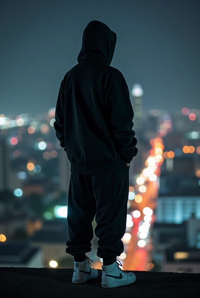 A realistic photo of a tall hooded guy in a black coat and a somewhat loose black sweatpants with white high-top sneakers, Nike style but not totally Nike.. Looking at Panama City at night from an apartment, The photo taken from behind the person.  Hooded so that nothing can be seen of his head. That the photo is somewhat blurry, so similar as if the quality were cell phone quality. The blurry photo