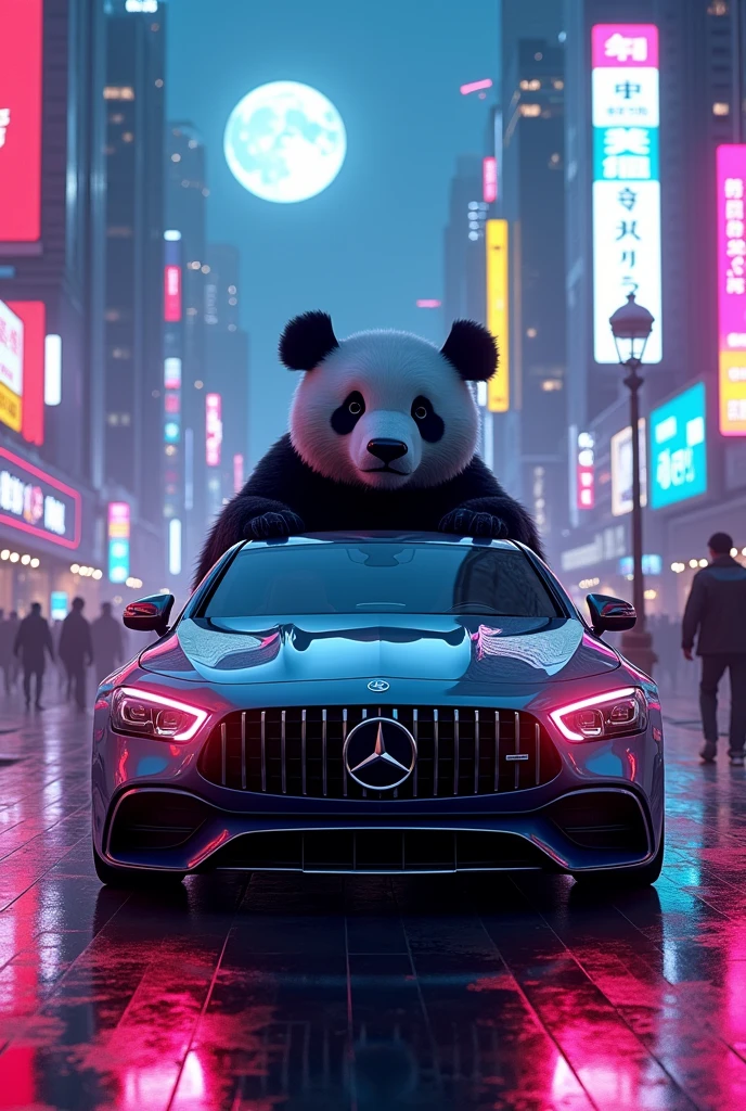 Mersedes in the neon city
and background has a big moon and has black rich panda