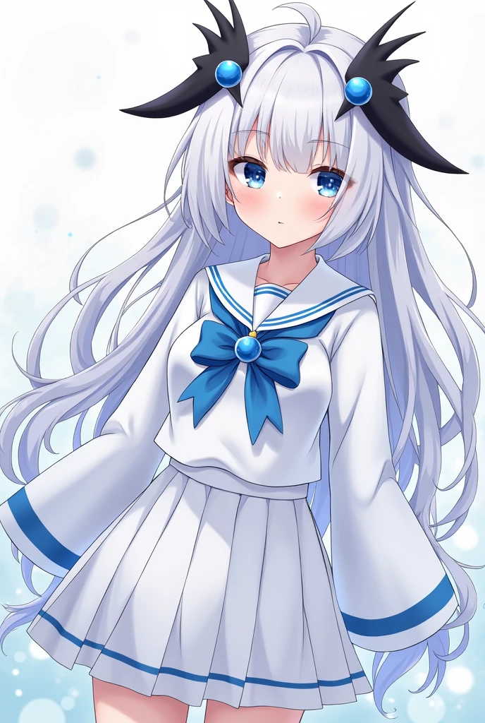 A Japanese anime style girl with long white hair,M-shaped bangs,She has a pair of blue eyes,There are only two black arrow-shaped headdresses on her head pointing upwards. There is only one blue round bead in the middle of the arrow headdress on each of the upward arrows.,Wearing a sailor suit,Wearing white on the legs