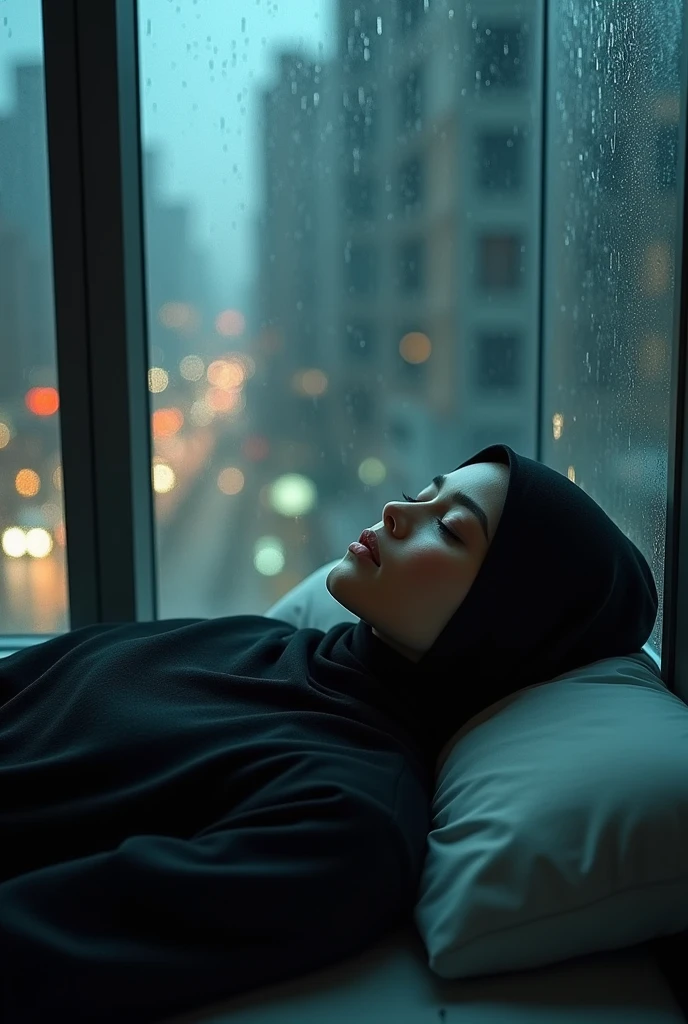 Beautiful woman sleeps, night rain in the glass room, black hijab woman sleeping in rain glass window of high rise building in city at night America