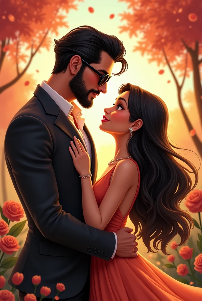 I want a Disney-type image, where a tall 3 boy appears, black hair combed upwards as if it had gel on it, bearded, body, moreno, black sunglasses, well dressed with his long-haired girlfriend, seeds, negro, large eyes, high, slim, holding hands, deeply in love