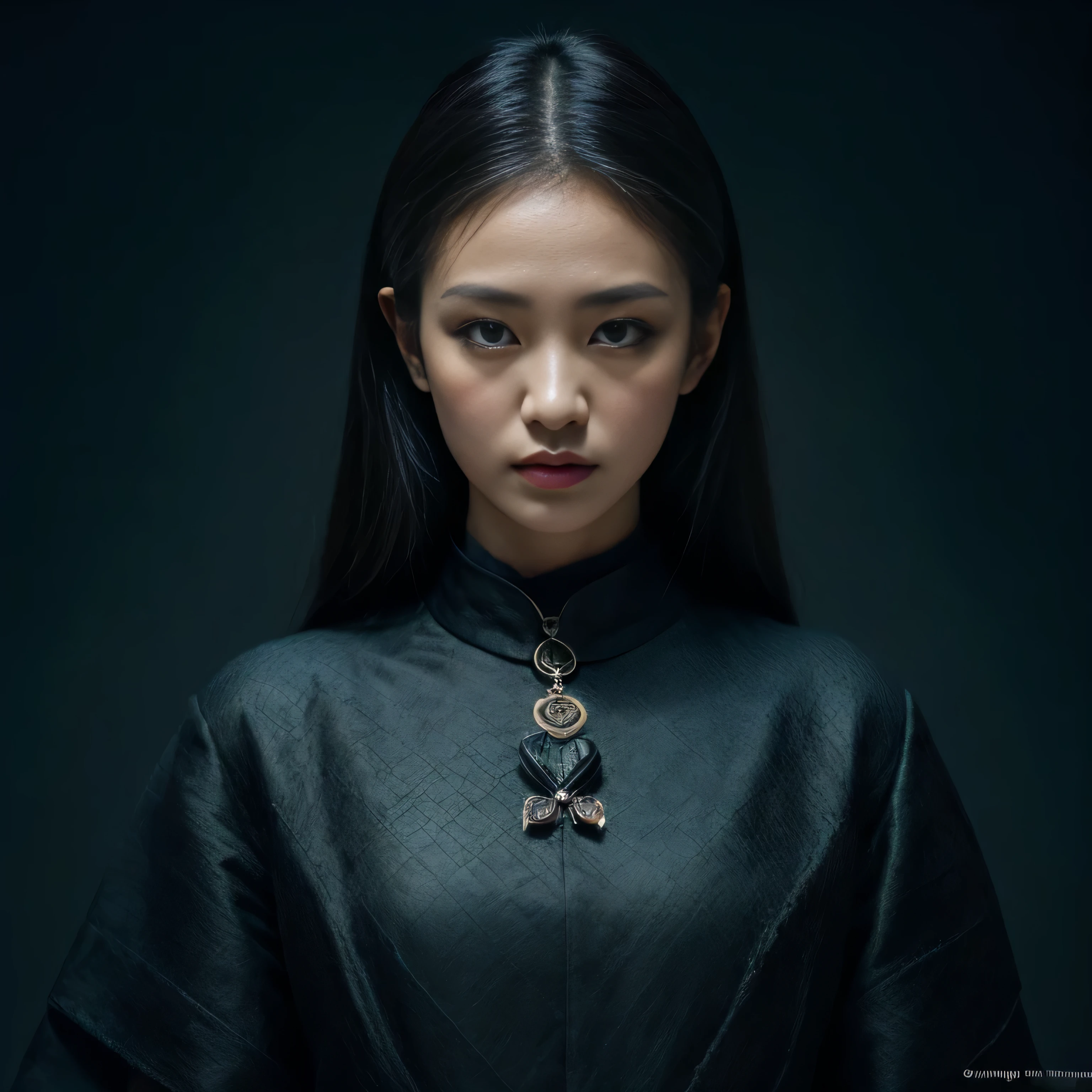 official art, Unity 8k Wallpaper, Super Detailed, masterpiece, best-quality,(((Eye details)))
dark, atmospheric, mystical, romantic, Scary, literature, art, fashion, Ming and Qing dynasties, decoration, intricate, determined eyes, embroidery, Black eye contour, Emotional depth, supernatural, All black ninja costume, 1 girl, only, collar, chest element