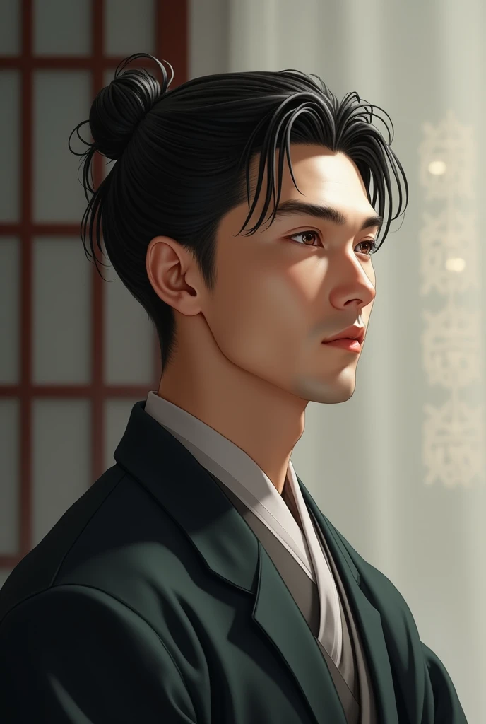A good looking Japanese man, 2, brown eyes, black hair, slim body, very wise, charismatic, care to his family members and his friends, perfect facial features, have strong faith for what he believe.