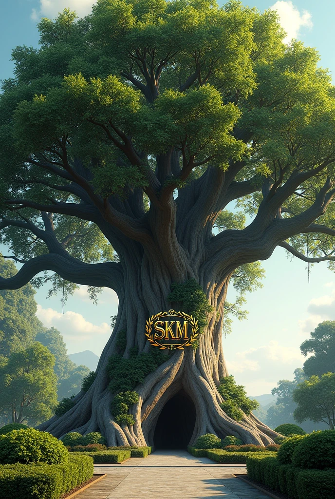 Huge welcoming tree that brings elegance With an elegant golden Logo written SKM