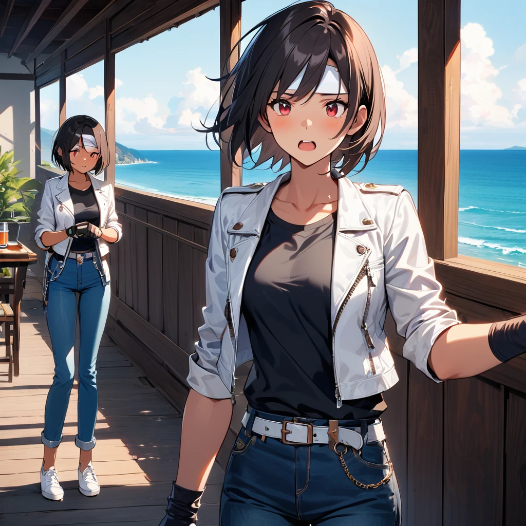 woman,Sleepy face,My friend was surprised,short hair,Black Hair,Dark Skin,Red eyes,((White leather jacket with rolled up sleeves)),Fingerless gloves,Black T-shirt,((White headband)),Blue Jeans.（Wallet chain at waist）,White shoes,Tea belt,cute,indoor ,Attractive points,Ocean view,A little big breasts are a little big,Outdoor,high quality,good looking,My friend is worried on the terrace,Yawn