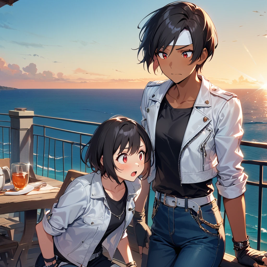 woman,Sleepy face,My friend was surprised,short hair,Black Hair,Dark Skin,Red eyes,((White leather jacket with rolled up sleeves)),Fingerless gloves,Black T-shirt,((White headband)),Blue Jeans.（Wallet chain at waist）,White shoes,Tea belt,cute,indoor ,Attractive points,Ocean view,A little big breasts are a little big,Outdoor,high quality,good looking,My friend is worried on the terrace,Yawn