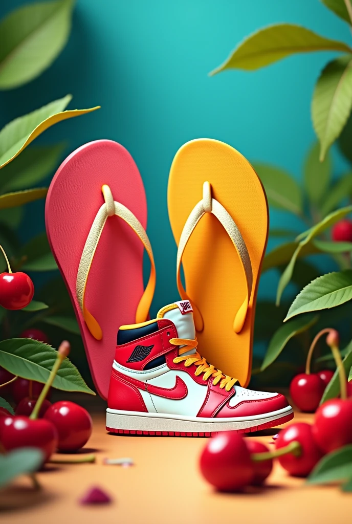 Red Cherries, flip flops with Jordan 1 sneakers