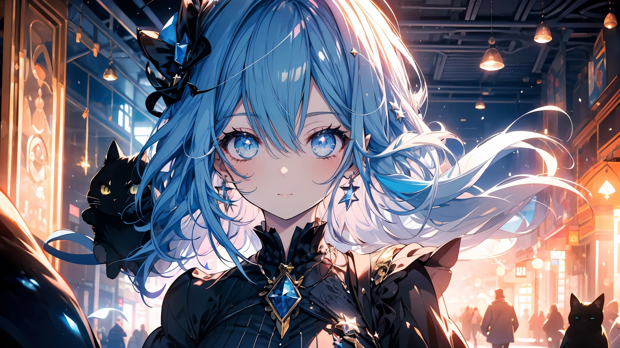 A lively apprentice wizard girl.She has long blue hair and wears star-shaped jewelry..A bright and curious girl.Traveling while studying at a magic school.There is a black cat near the girl..The black cat is watching over the girl.Be sure to draw the black cat.