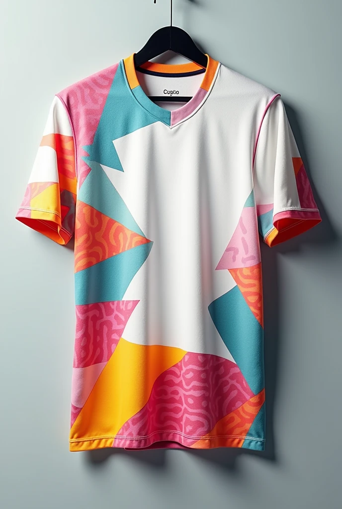 A vibrant football jersey displayed on hangers, featuring a unique geometric design with a combined colours, white as the main color. The jersey incorporates various patterns including triangles and lines, creating a dynamic and modern look, no logos, no texts.