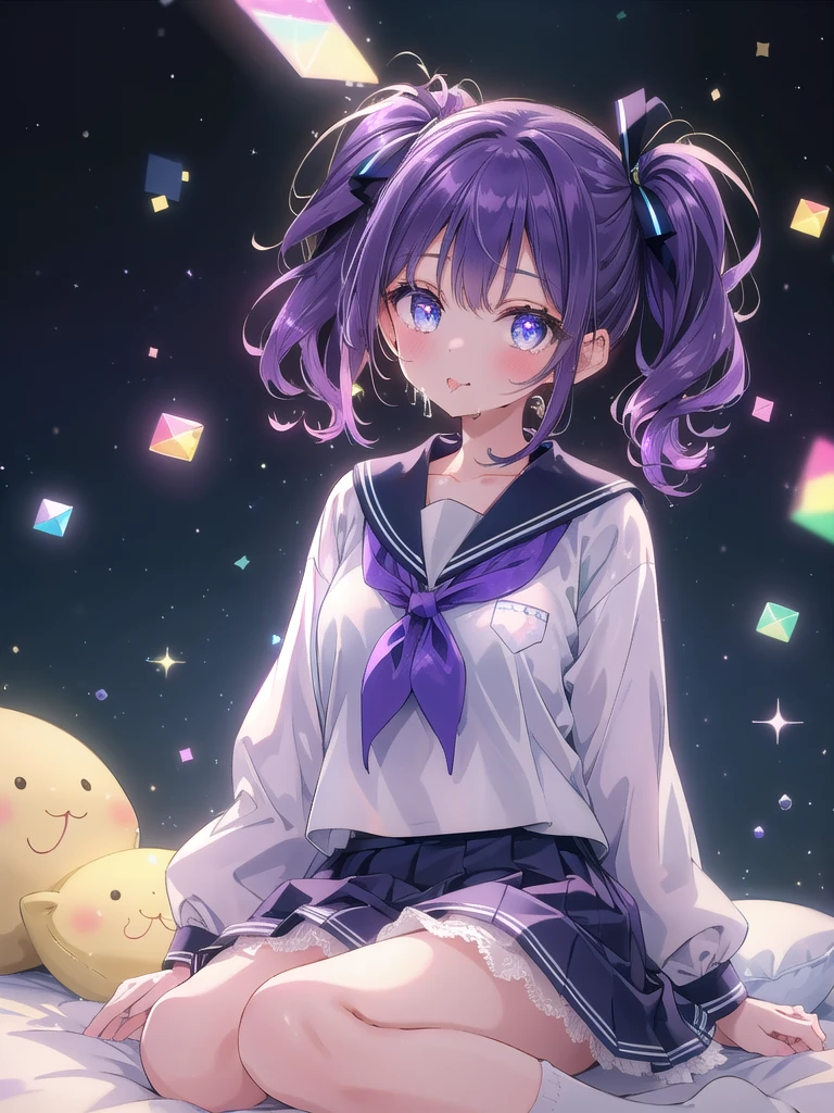 ((8k, Highest Quality, Masterpiece: 1.3)), Ultra High Resolution, (1 Girl, First Person), (Color Changing Eyes, Super Detailed, Expressive Glow, Glowing Eyes), Highly Detailed Eyes, ((Twin Ponytails)), "Create a Vtuber character with purple hair styled in twin ponytails, adorned with delicate pastel-colored clips. Her indigo tareme eyes are filled with a dreamy, blissful expression as she sits in a 'wariza' pose, gazing up at the camera. She is dressed in a stylish sailor uniform with a white top featuring a deep blue collar and matching pleated skirt. Her mouth is open, and a small amount of saliva is visible as she looks directly at the camera with a relaxed, seductive expression. The camera angle is from directly above, looking down on her. The background is a softly lit bedroom with a comfortable bed, fluffy pillows, and gentle lighting, enhancing the intimate and serene setting"cleavage,
