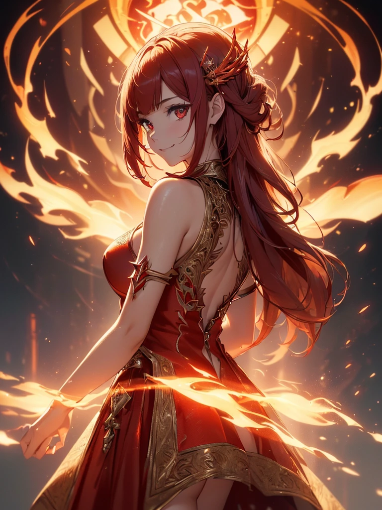 (((best quality, sharp image, clear image, cinematic lighting, 8k resolution, masterpiece, ultra detailed, intricate))) Girl, sorcerer, cute, intricate dress, smiling, fiery red, ((intricate background)), (rune frame), dimension, ((shot from behind)), fire sigils, chaotic background, ((half-body shot))