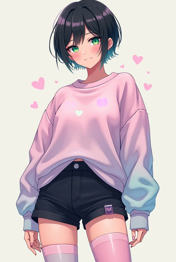 anime man, pastel colored tight thigh high socks, pastel colored hip-length sweatshirt, a black mini short, green eyes and black hair, thick thighs