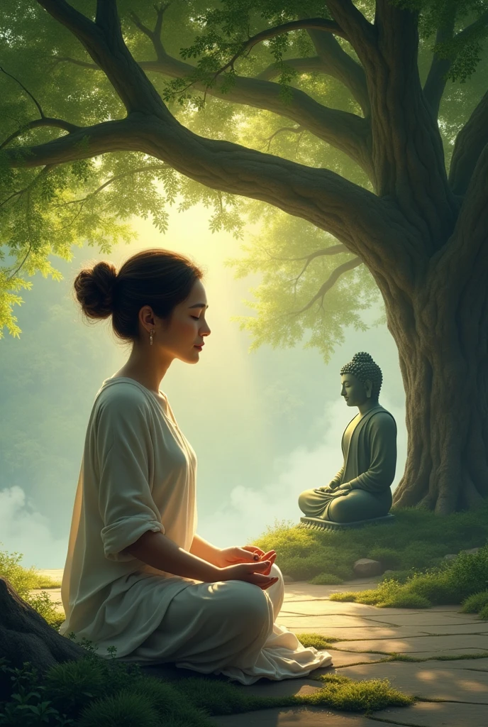  women in a serene pose, sitting in meditation near the Buddha under a large tree, her face showing peace and acceptance. The setting is calm and spiritual, with gentle sunlight filtering through the leaves.