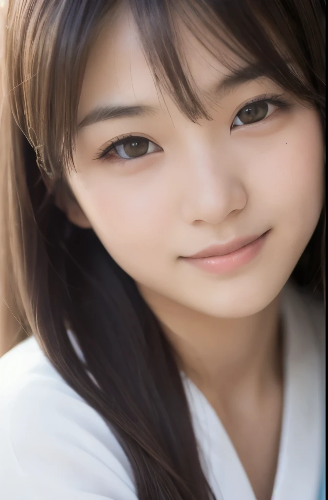 best quality, face focus, soft light, ultra high res, (photorealistic:1.4), RAW photo,(Shinozaki Ai), (fair skin), High school girl, 1 Japanese girl, solo, cute, smile, (pupil, lights in the eyes), detailed beautiful face, Medium-sized breasts,(high resolution detail of human skin texture),long hair,(portrait), upper body, Japanese white kimono