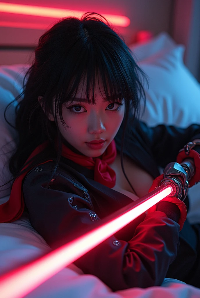 Raw photo, realistic, photorealistic), dynamic angle, beautiful, stunning, epic, highly detailed, 1 girl\(mecha\),(techpunkmask:1.2), slim body, kong-fu, black hair, black eyes, Chinese hairstyle , invisibility,luminous body,cyberpunk,cyborg ninja,cinematic lighting,accent lighting,dramatic_shadow,ray_tracing,intricate clothing and patterns,fighting,(holding laser katana:1.3),hair bangs,red long scarf,very genuine skin, ((lying)), dynamic dynamic poses, bedroom, ((bed)) neon lights, beautiful light ((grows seductively