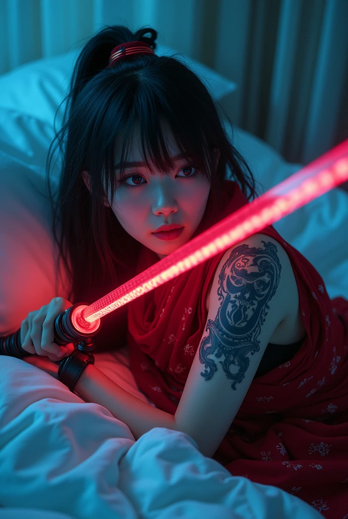 Raw photo, realistic, photorealistic), dynamic angle, beautiful, stunning, epic, highly detailed, 1 girl\(mecha\),(techpunkmask:1.2), slim body, kong-fu, black hair, black eyes, Chinese hairstyle , invisibility,luminous body,cyberpunk,cyborg ninja,cinematic lighting,accent lighting,dramatic_shadow,ray_tracing,intricate clothing and patterns,fighting,(holding laser katana:1.3),hair bangs,red long scarf,very genuine skin, ((lying)), dynamic dynamic poses, bedroom, ((bed)) neon lights, beautiful light ((grows seductively