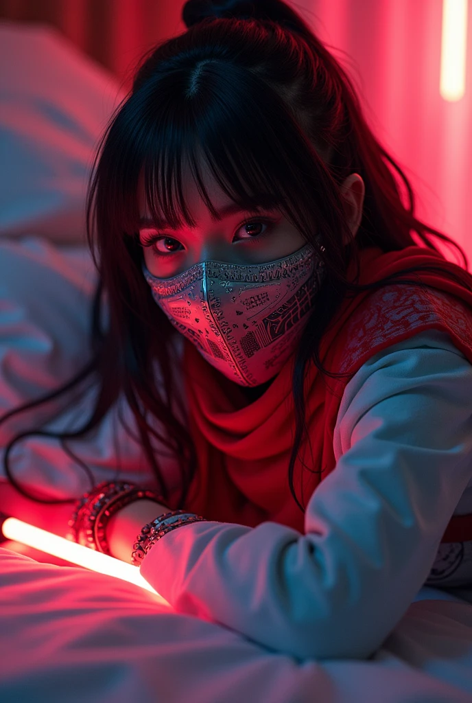 Raw photo, realistic, photorealistic), dynamic angle, beautiful, stunning, epic, highly detailed, 1 girl\(mecha\),(techpunkmask:1.2), slim body, kong-fu, black hair, black eyes, Chinese hairstyle , invisibility,luminous body,cyberpunk,cyborg ninja,cinematic lighting,accent lighting,dramatic_shadow,ray_tracing,intricate clothing and patterns,fighting,(holding laser katana:1.3),hair bangs,red long scarf,very genuine skin, ((lying)), dynamic dynamic poses, bedroom, ((bed)) neon lights, beautiful light ((grows seductively
