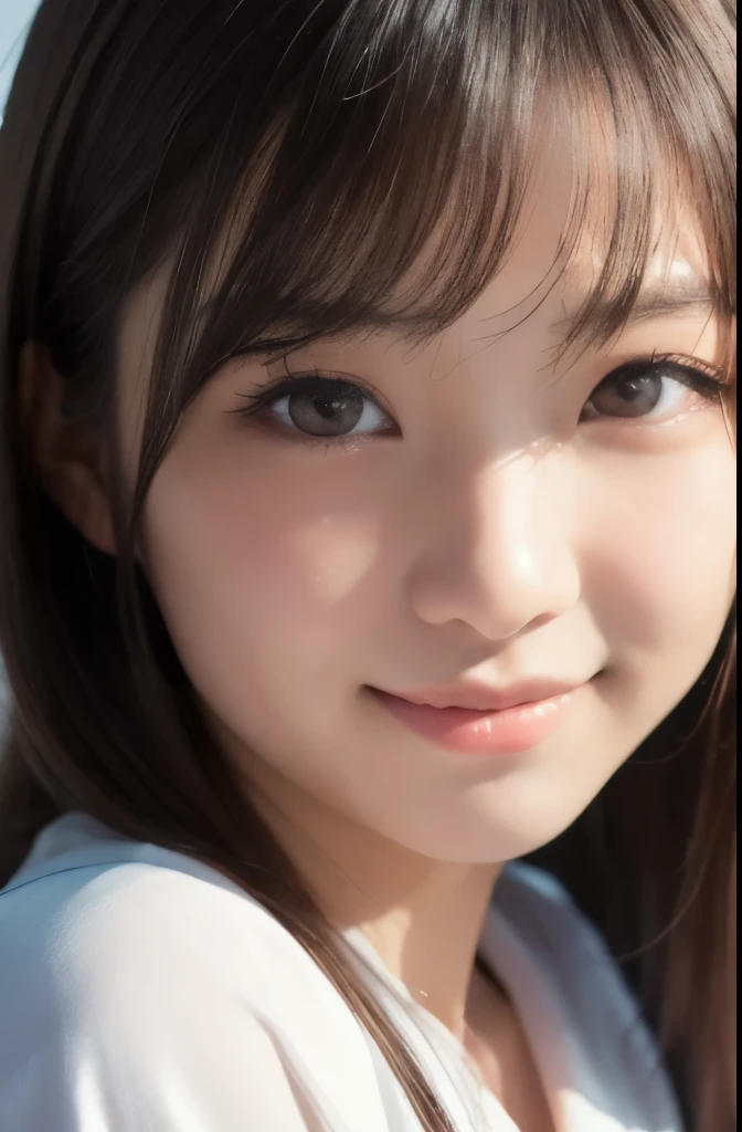 best quality, face focus, soft light, ultra high res, (photorealistic:1.4), RAW photo,(Shinozaki Ai), (fair skin), High school girl, 1 Japanese girl, solo, cute, smile, (pupil, lights in the eyes),  detailed beautiful face, Medium-sized breasts,(high resolution detail of human skin texture),long hair,(portrait), upper body, Japanese white kimono