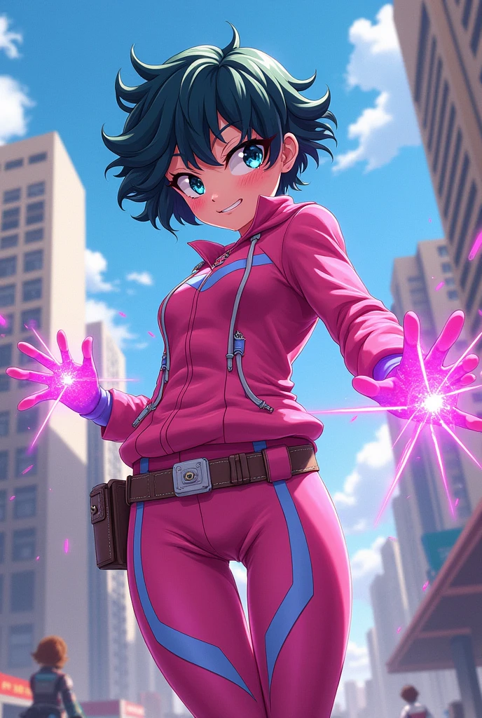 Create a female My Hero Academia character with short hair, pink clothes with light purple and glitter