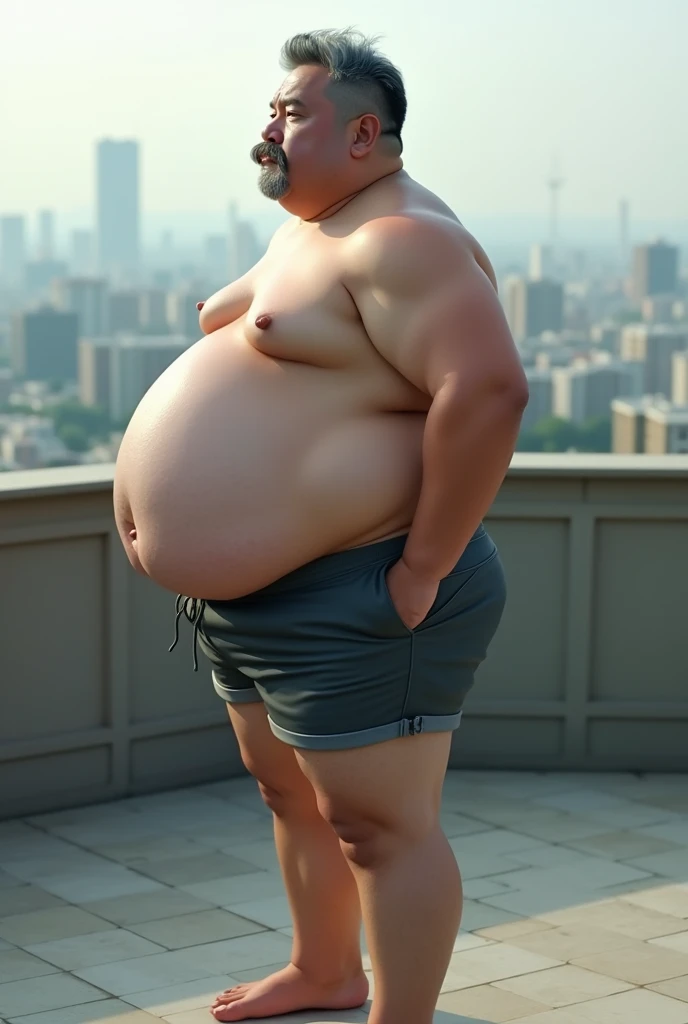 Hyper-realistic very attractive mature muscular handsome fat white man, japanese man, side view, chubby, fat, obese, huge belly, beefy, thick legs, huge calves, standing, half body, at terrace, grey very short hair, well designed grey mustache, thick mustache, hyper-detailed background, cinematic, uhd, 8k, high resolution, perfect result, best quality, detailed work, wearing a shorts