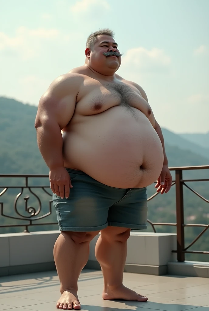 Hyper-realistic very attractive mature muscular handsome fat white man, japanese man, side view, chubby, fat, obese, huge belly, beefy, thick legs, huge calves, standing, half body, at terrace, grey very short hair, well designed grey mustache, thick mustache, hyper-detailed background, cinematic, uhd, 8k, high resolution, perfect result, best quality, detailed work, wearing a shorts