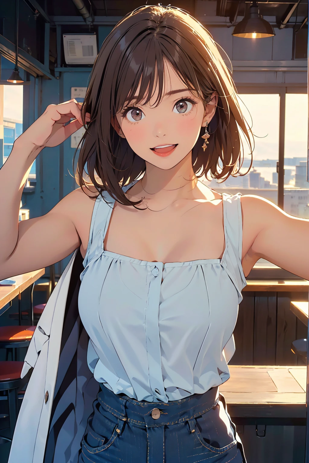 (masterpiece:1.2, top-quality), (realistic, photorealistic:1.4), beautiful illustration, (natural side lighting, movie lighting), nsfw, 
looking at viewer, (face focus, upper body), front view:1.0, 1 girl, japanese, office lady, , perfect face, cute and symmetrical face, shiny skin, 
(short hair, pixie cut hairstyle, flipped hair, brown hair), parted bangs, light brown eyes, long eye lasher, (medium breasts), slender, 
beautiful hair, beautiful face, beautiful detailed eyes, beautiful clavicle, beautiful body, beautiful chest, beautiful thigh, beautiful legs, beautiful fingers, 
((denim jacket, dark blue t-shirt, white tailored shorts)), 
(beautiful scenery), evening, New York city, (outside park), working, outstretched arms, (lovely smile, open mouth), 
