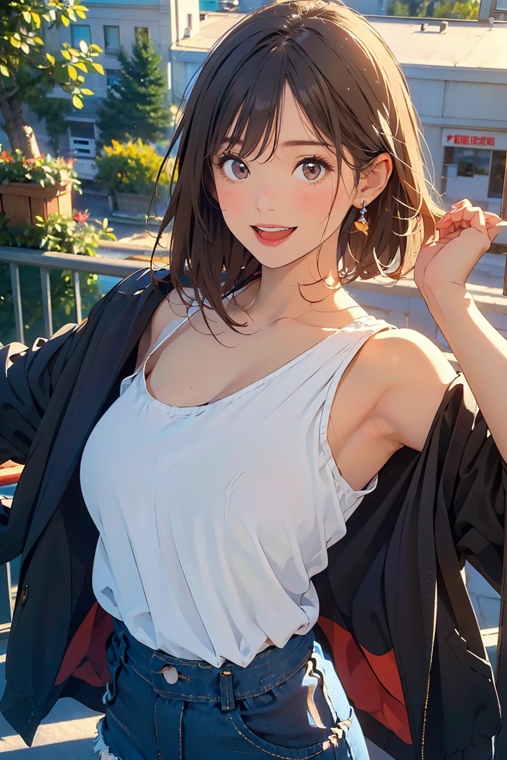 Tabletop, Highest quality, Realistic, In detail, High resolution, 8k wallpaper, Perfect dynamic composition, Beautiful attention to detail, Medium Hair, Big ample breasts, Random sexy poses,Random Situation、Tight grey tank top、Breast bulge、Laughter、Cityscape、23 years old、(Droopy Eyes 1.3)、Adult Beauty、Natural Makeup、Japanese,Sexy Dance,
