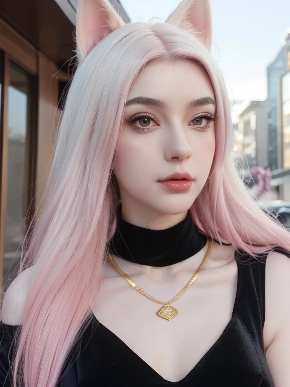 beautiful Kitsune girl wearing black dress, she has waist length pink hair, pink kitsune cat ear, pale white skin, beautiful flirting eyes, high nose, slim face,v-line chin, black high neck dress, wearing gold necklace, city background, close face image
