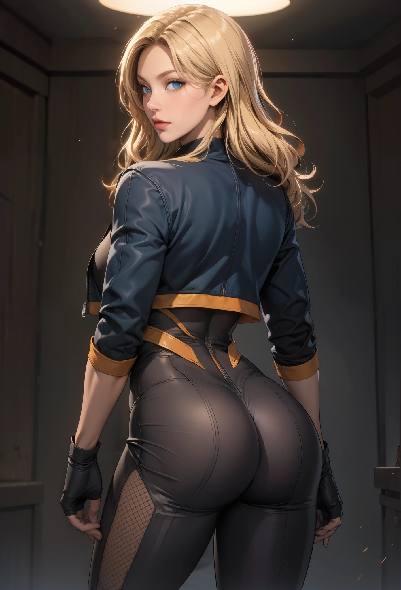 perfect eyes:1.2, detailed eyes:1.4, Dinah, blue eyes, blonde hair, black body suit, zipper, black cropped jacket, fishnets, cowboy shot, 1girl, solo, (masterpiece:1.6, best quality), 8k, insane details, intricate details, hyperdetailed, hyper quality, high detail, ultra detailed, professional, HDR, ray tracing reflection, cinematic lighting,