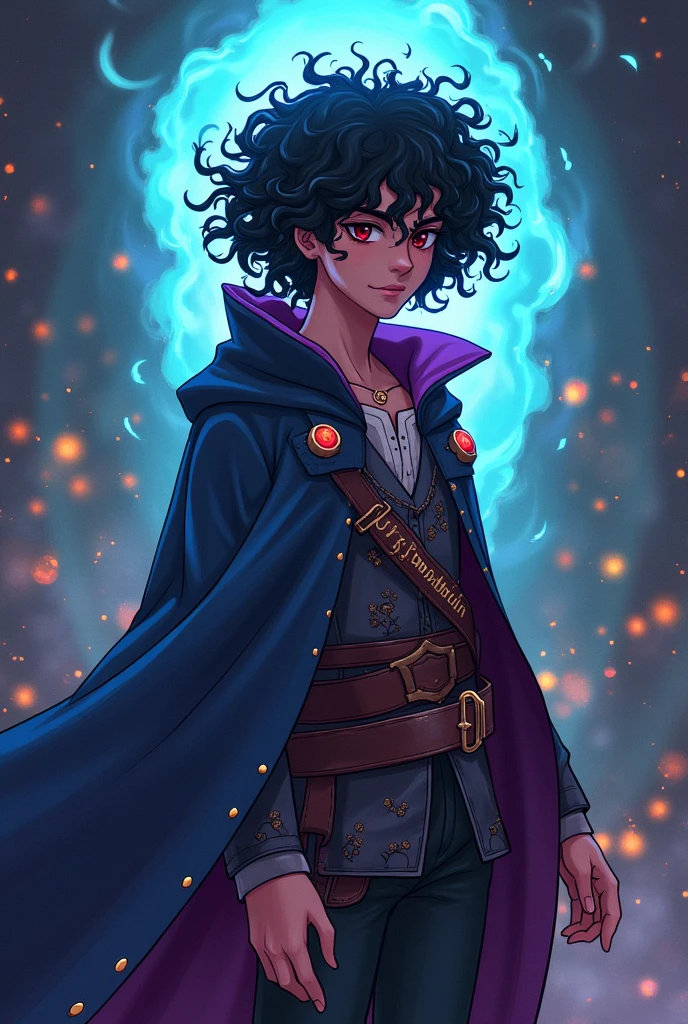 NARUTO KRIBO ANIME is a practitioner of Paranormal and Supernatural healing, curly haired wearing a cape like a pirate, and there is a 3D sticker with the words GUS clearly written on it_SAMSUDIN