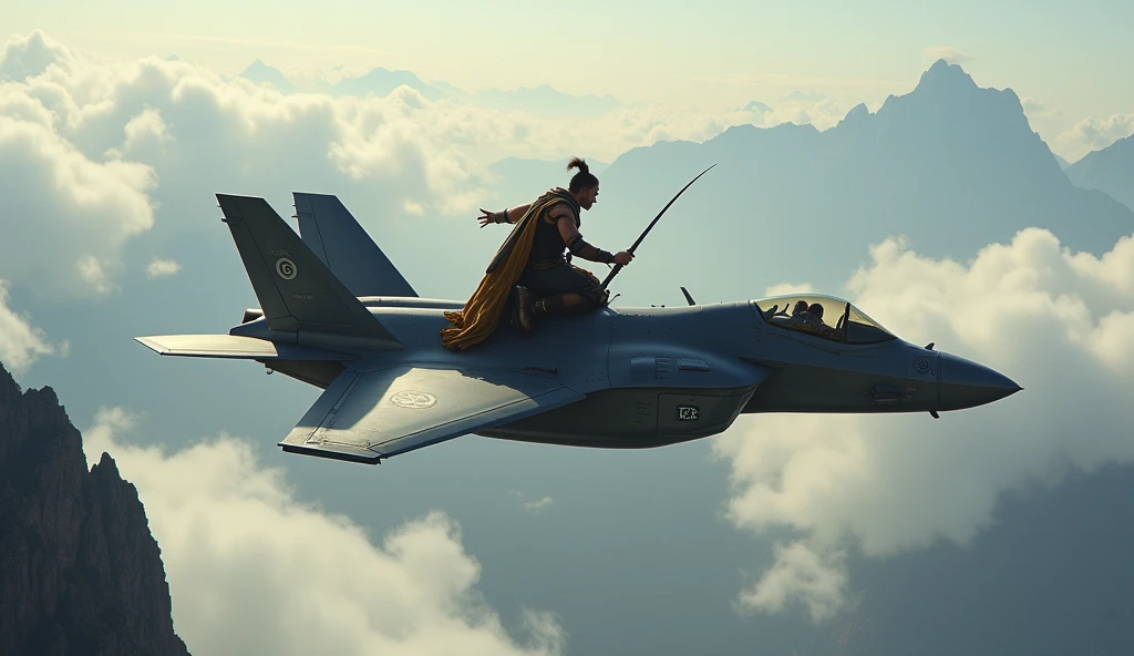 warrior riding a flying dinosaur, clouds below, giant mountains, an f-35 jet chasing the man riding the flying dinosaur
