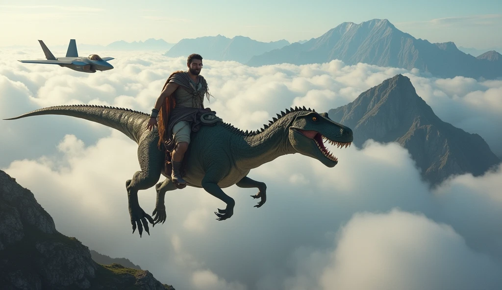 warrior riding a flying dinosaur, clouds below, giant mountains, an f-35 jet chasing the man riding the flying dinosaur