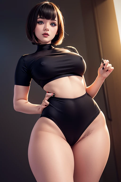 NSFW, Girl with big blue eyes, smooth skin, detailed face, perfectly eyeliner, bobcut big and heavy bust, slim and curvy body, slim waist and wide hips big and shapely legs, camel toe, full body portrait1.2, Image 1.2 high resolution