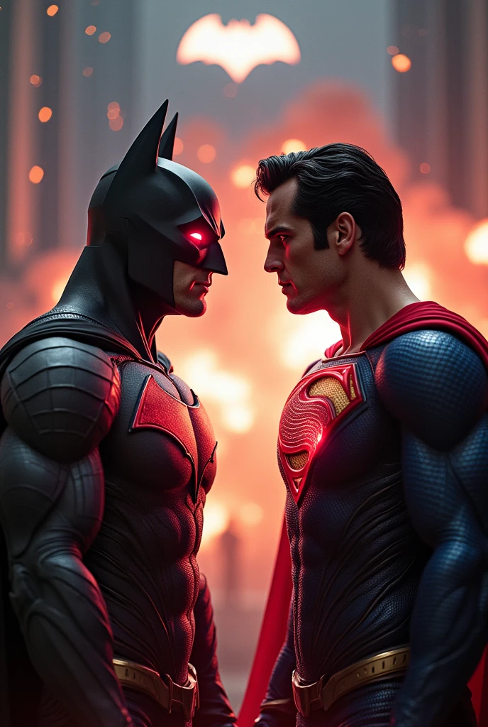 Batman vs superman face off. Make explosion and alines behind. And. Little zoomed in. Batman redlight eyes and superman eyes red light. Batsignal in the middle