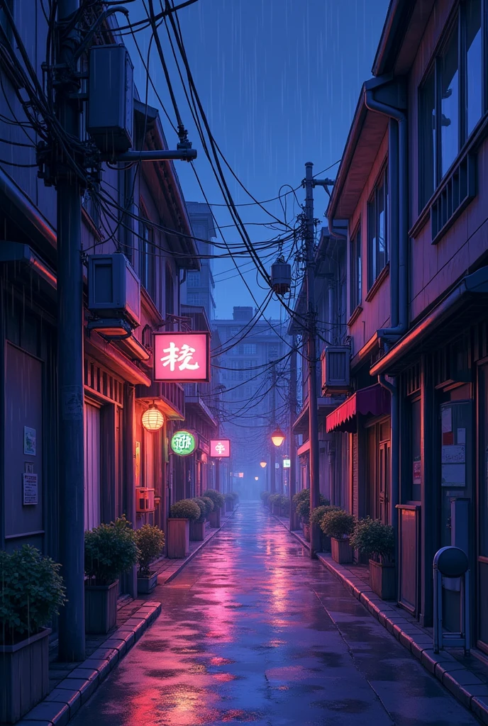 Cityscape at night, 1990s anime style with the noticable outlines of the drawings, with hues of purple, very cozy, in an alley while raining heavily , looks like a hand drawn anime with no people, take inspiration from Golden Boy, make less 3d,