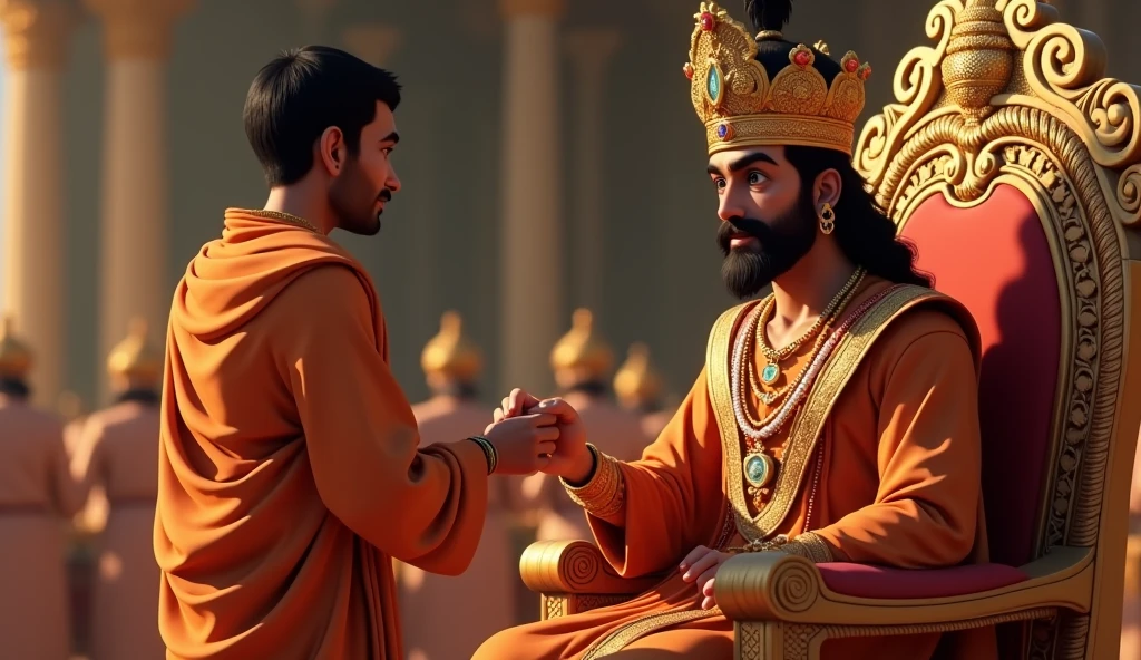 Create a Pixar-style 3D render of a charismatic Indian monk, clean-shaven and serene, walking through a grand assembly toward a young, fair-complexioned Indian king seated on a magnificent throne. The king, aged around 35, has a royal mustache and wears an intricately designed Indian royal crown. He is adorned in regal attire with valuable gold ornaments. As the monk approaches the throne, he extends his hand to present a ring to the king, whose expression is inquisitive, reflecting his curiosity about the gift. All the people in the assembly, including the ministers seated on ornate thrones and those standing respectfully behind them, are dressed in traditional Indian attire. The scene is richly detailed, capturing the opulence of the royal court, while the subtle dynamic between the monk and the king adds a layer of intrigue to the serene and dignified atmosphere