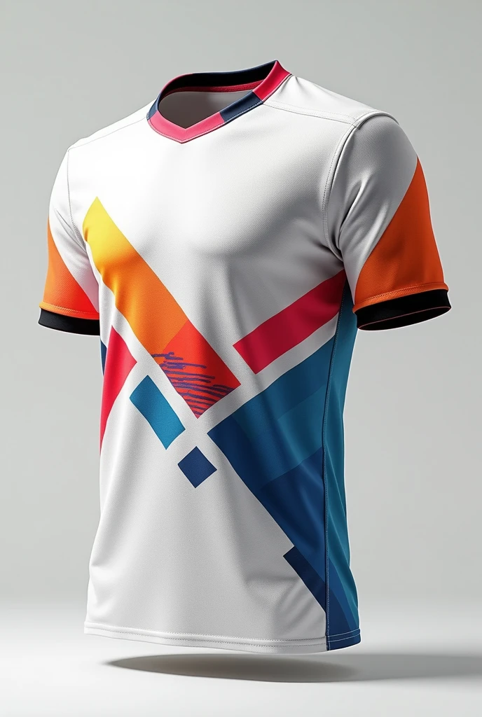 A vibrant football jersey , featuring a unique geometric design with a combined colours, white as the main color. The jersey incorporates various patterns including triangles and lines, creating a dynamic and modern look, no logos, no texts.