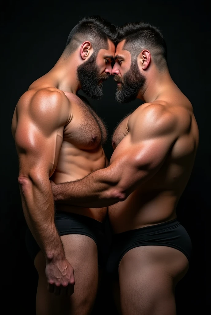 "8KUHD HDR Very Realistic Very Detailed High Quality Create a professional studio-style photograph featuring two burly rugged men, burly, hairy, beared big daddy bear, and very realistic detailed rugged man and his husband in boxers. beards, very realistic hair, very realistic beards, very realistic thick chubby fat neck, very realistic neck details, very realistic neck lines, very realistic belly, very realistic chest, very realistic strong chest and arms, very realistic hairy chest and arms, very realistic pecs, very realistic burly body, very realistic nipples, very realistic burly body, very realistic face, very realistic eyes, very realistic nose, very realistic ears, very realistic facial features, very realistic arms, very realistic hands, very realistic wrists, very realistic fingers, very realistic fingernails, very realistic shoulders, very realistic mouth, very realistic lips, very realistic detailed skin, very realistic skin, very realistic mens clothing, very realistic detailed mens clothing. A very realistic man and his husband are kissing each other, very realistically kissing each other, in a very realistic romantic and virile scene. Very Realistic Intricately Detailed, Utilize all appropriate lighting techniques for studio photography. The background should be black." No Deformities, HDR