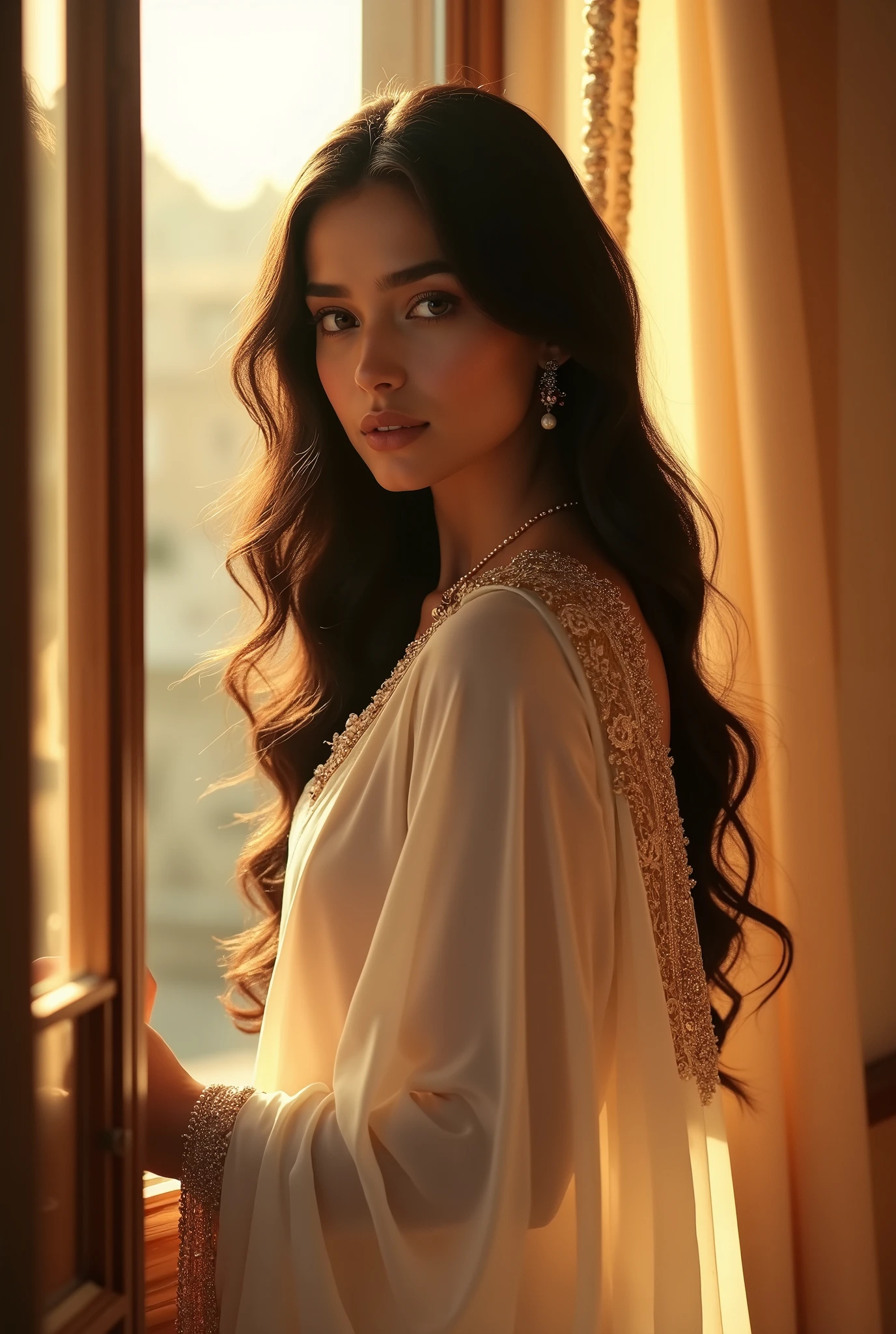 A beautiful woman with cute large eyes and big forehead in a yellow salwaar standing near a window, warm sunlight from the window, woman with white colour, blagk hairs
