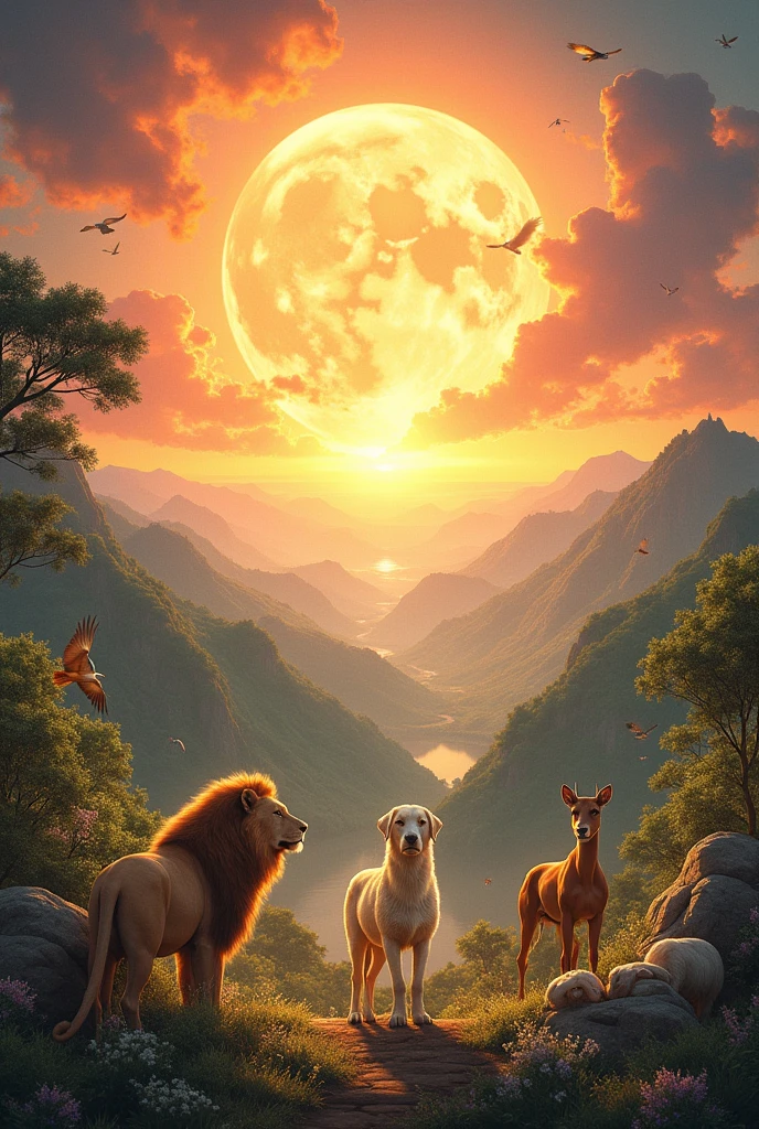 Illustration with domestic and wild animals in a spectacular scenery beautiful HD radiant