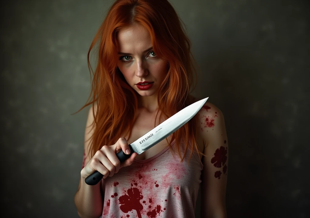 redhead woman in bloody clothes holding a silver knife making a murderous pose
