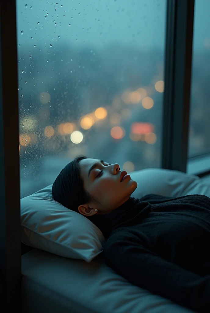 Beautiful woman sleeps, night rain in the glass room, black hijab woman sleeping in rain glass window of high rise building in city at night America