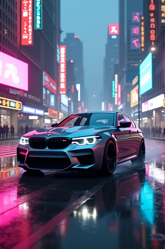 BMW m5 in the cyber neon city 