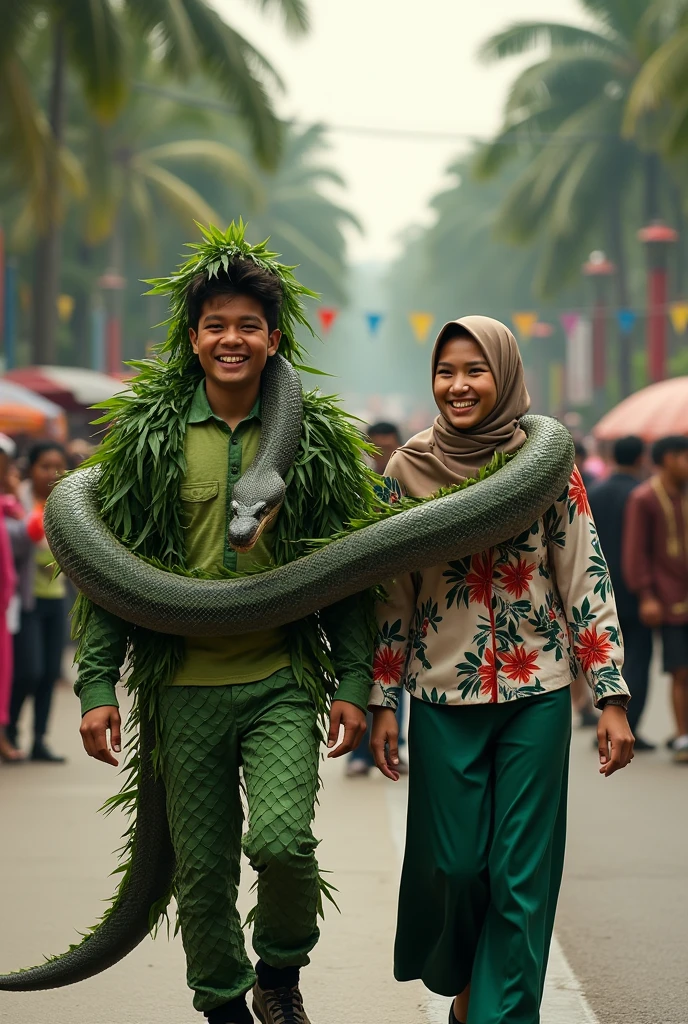 realistic photography. young man Indonesian face. wearing a cute crocodile costume. facial expression laughing out loud. Next to him walked a woman wearing a hijab made of many leaves and a very large snake coiled around her head and neck. street atmosphere. asphalt like there is a carnival. lots of spectators left and right. Ultra-realistic 8K photograph, shot with a Leica Q2, strong color contrast and sharp clarity --quality 2 --